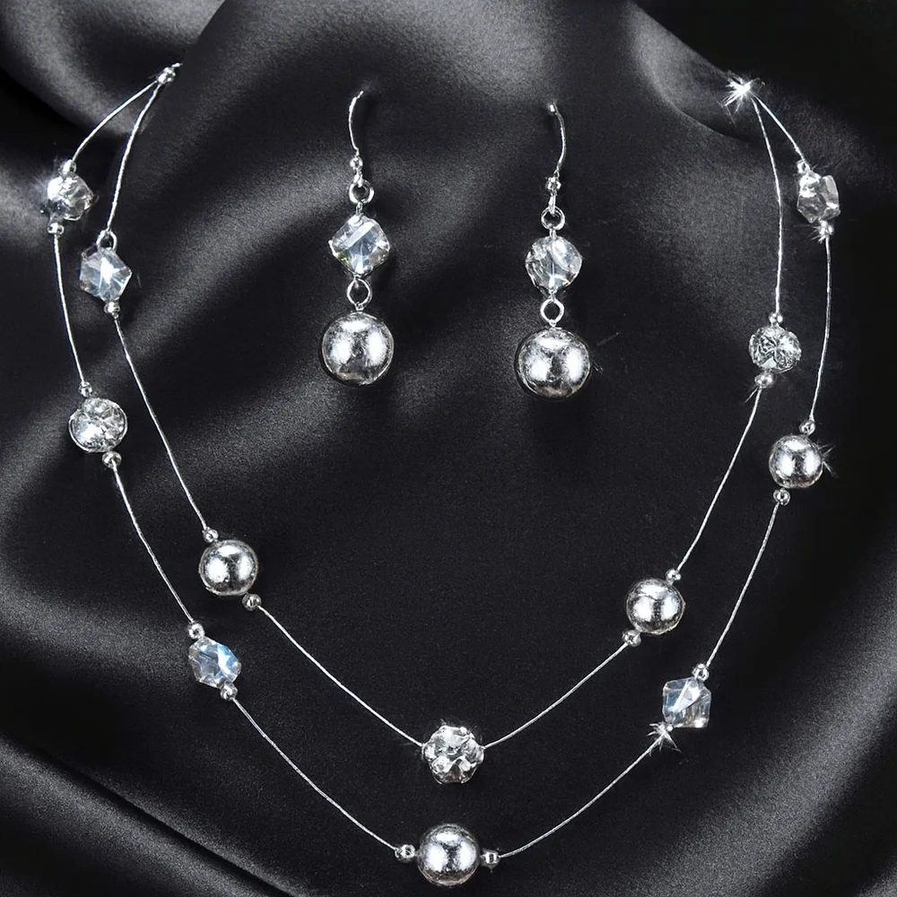 Layered Shimmering Silver-tone Crystal Ball Beaded Necklace & Matching Earrings